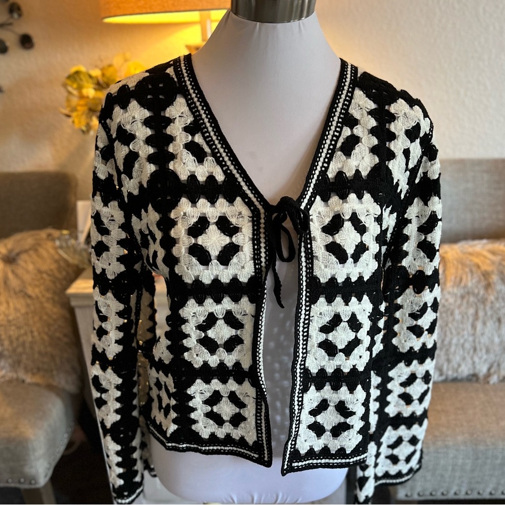 Elegant Black and White Crochet Cardigan
